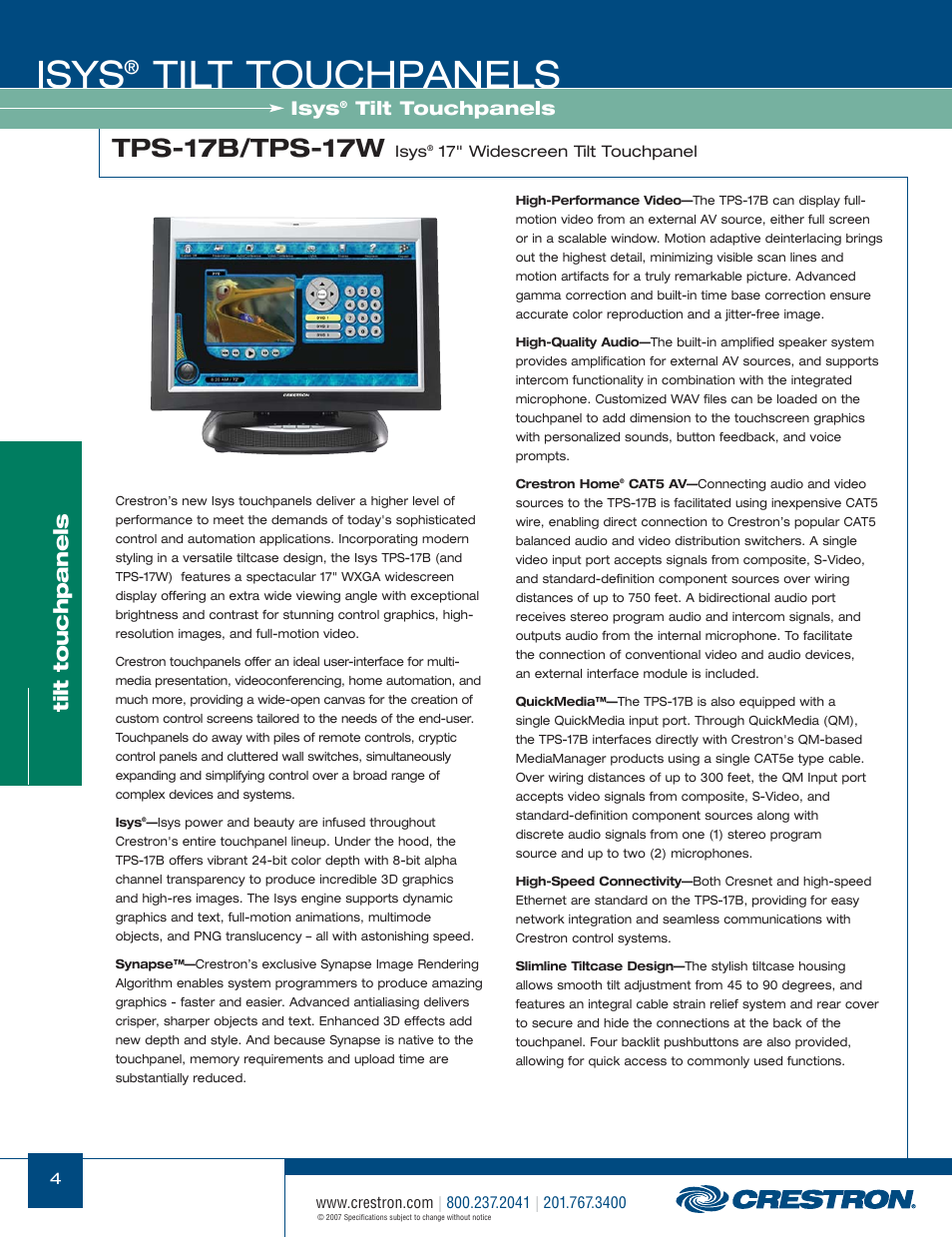 48399_004.pdf, Isys, Tilt touchpanels | Tps-17b/tps-17w | Crestron electronic Isys TPS-17W User Manual | Page 4 / 58