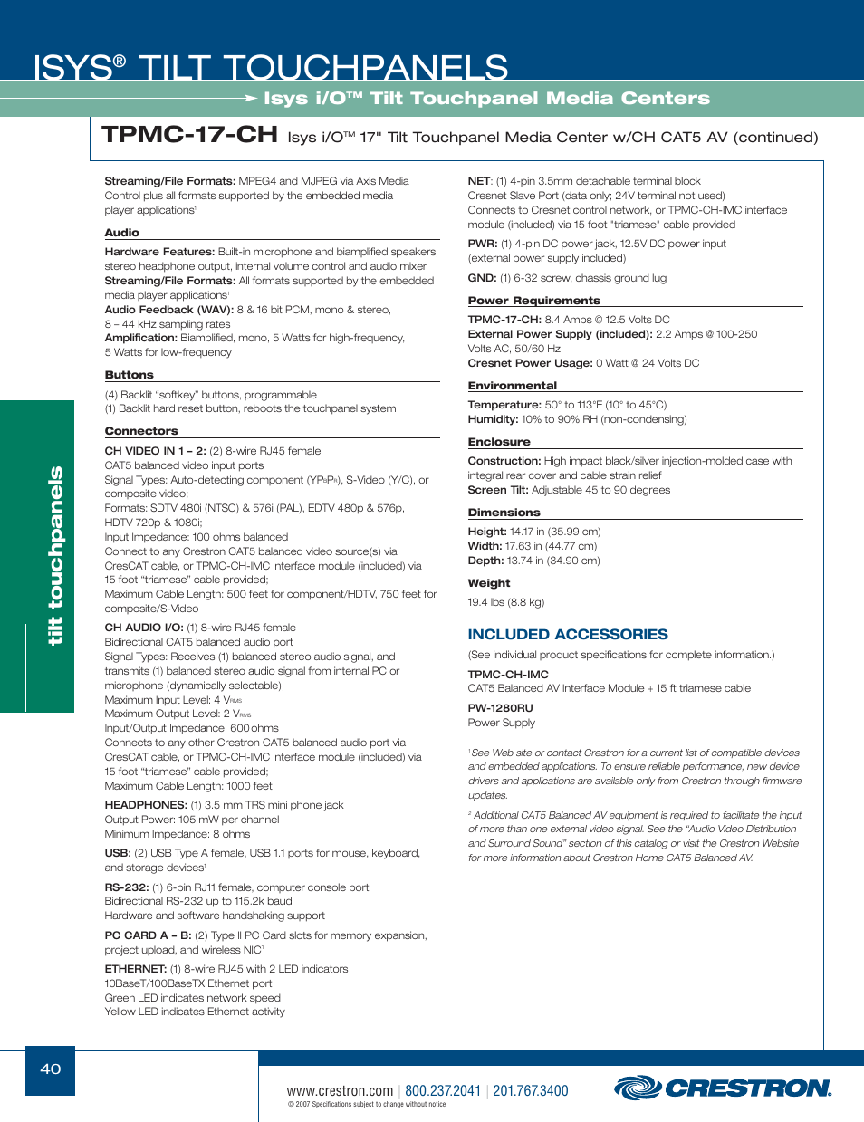 48399_040.pdf, Isys, Tilt touchpanels | Tpmc-17-ch, Isys i/o, Tilt touchpanel media centers | Crestron electronic Isys TPS-17W User Manual | Page 40 / 58