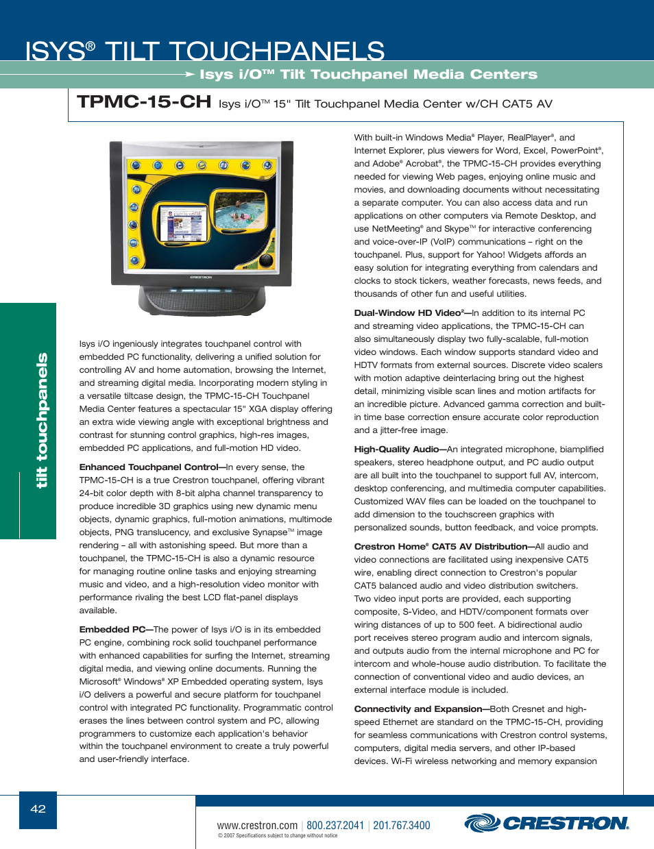 48399_042.pdf, Isys, Tilt touchpanels | Tpmc-15-ch, Isys i/o, Tilt touchpanel media centers | Crestron electronic Isys TPS-17W User Manual | Page 42 / 58