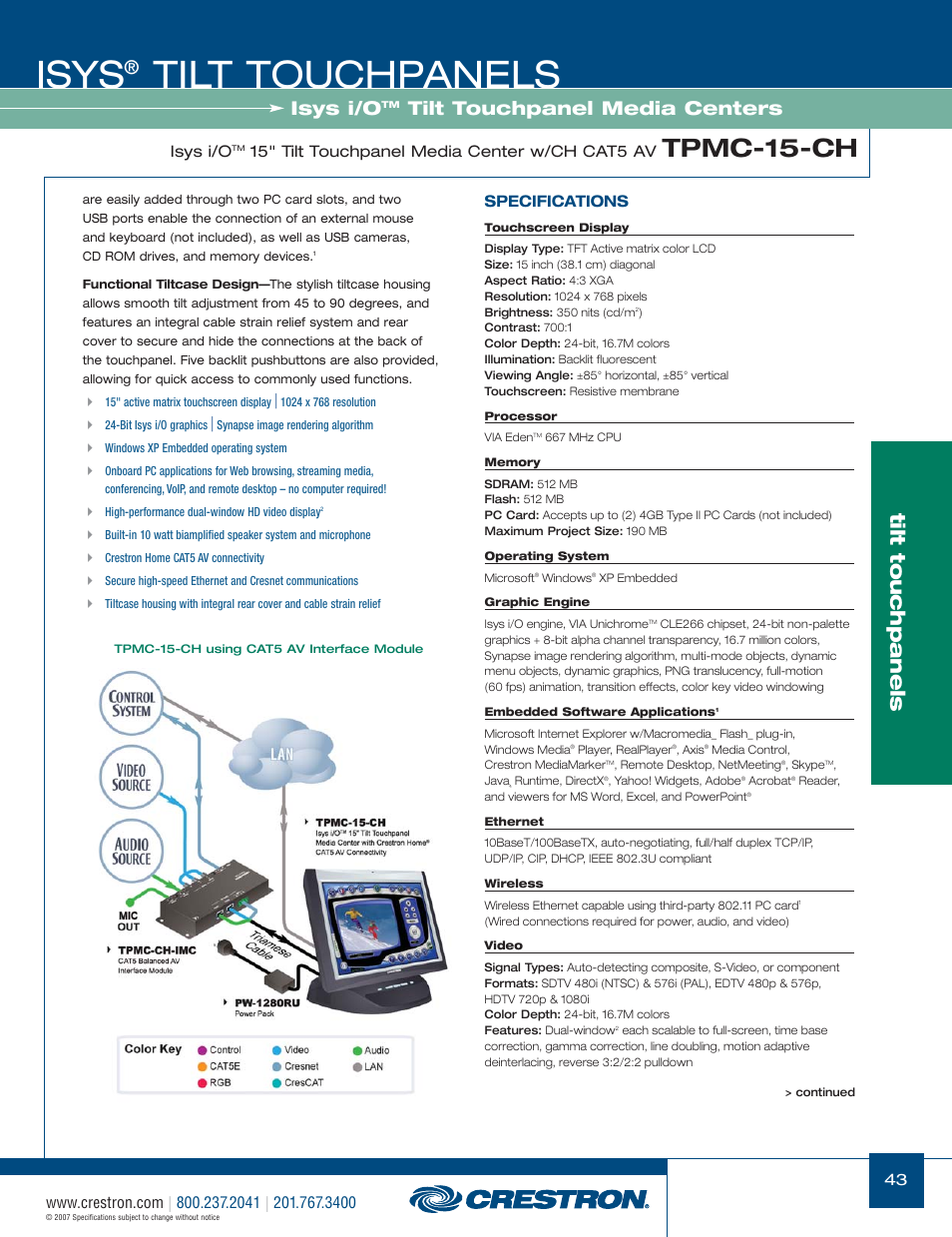 48399_043.pdf, Isys, Tilt touchpanels | Tpmc-15-ch, Tilt touchpanel media centers, Isys i/o, 15" tilt touchpanel media center w/ch cat5 av, Specifications | Crestron electronic Isys TPS-17W User Manual | Page 43 / 58