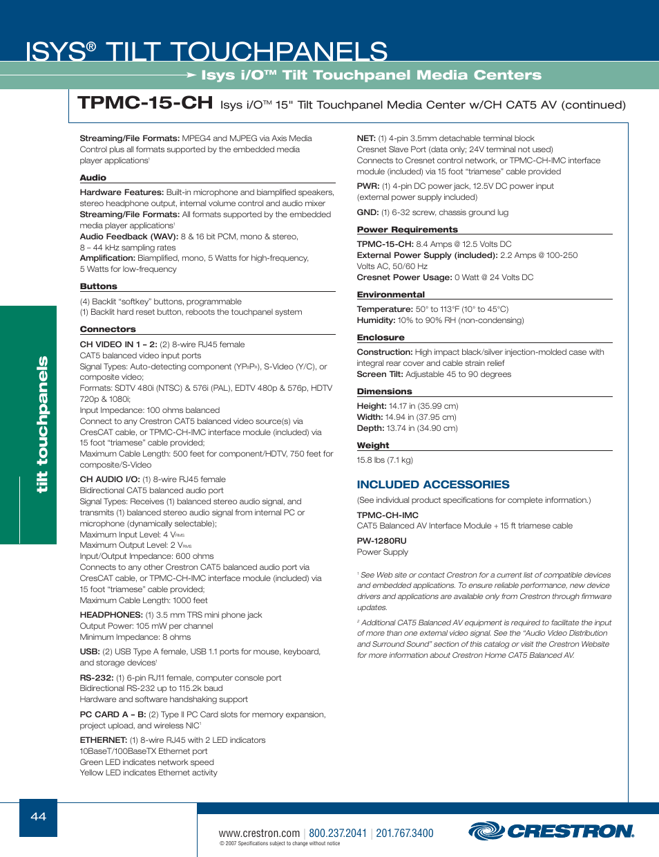 48399_044.pdf, Isys, Tilt touchpanels | Tpmc-15-ch, Isys i/o, Tilt touchpanel media centers | Crestron electronic Isys TPS-17W User Manual | Page 44 / 58