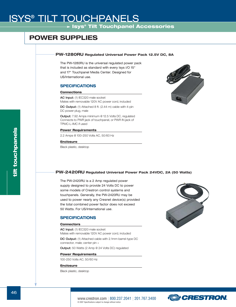 48399_046.pdf, Isys, Tilt touchpanels | Power supplies, Tilt touchpanel accessories | Crestron electronic Isys TPS-17W User Manual | Page 46 / 58