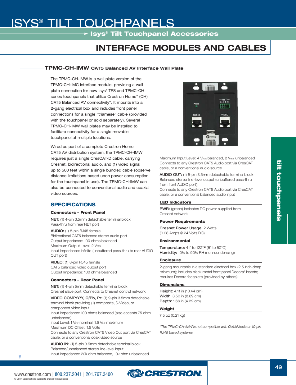 48399_049.pdf, Isys, Tilt touchpanels | Interface modules and cables, Tilt touchpanel accessories | Crestron electronic Isys TPS-17W User Manual | Page 49 / 58