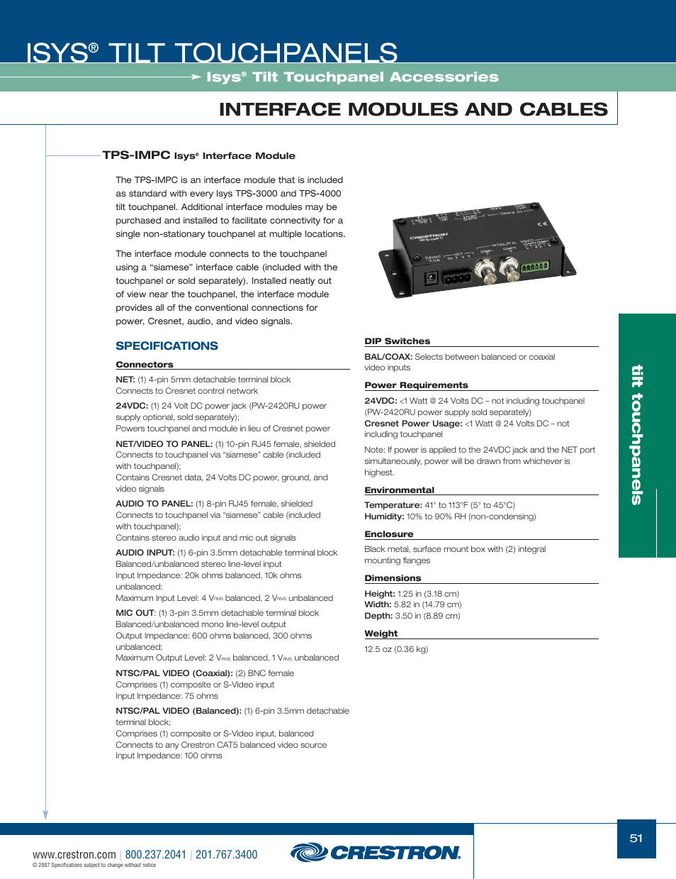 48399_051.pdf, Isys, Tilt touchpanels | Interface modules and cables, Tilt touchpanel accessories | Crestron electronic Isys TPS-17W User Manual | Page 51 / 58