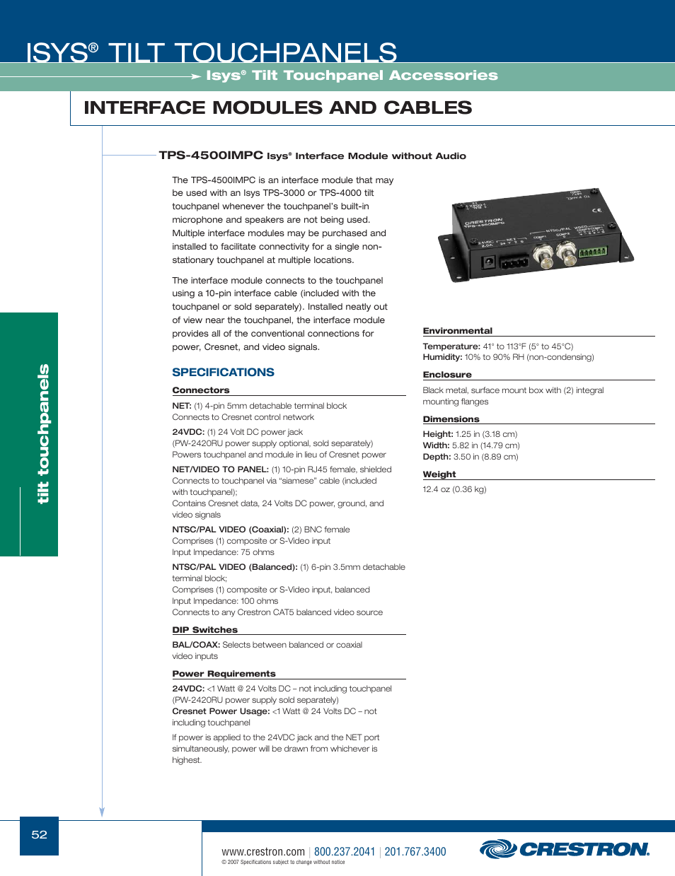 48399_052.pdf, Isys, Tilt touchpanels | Interface modules and cables, Tilt touchpanel accessories | Crestron electronic Isys TPS-17W User Manual | Page 52 / 58