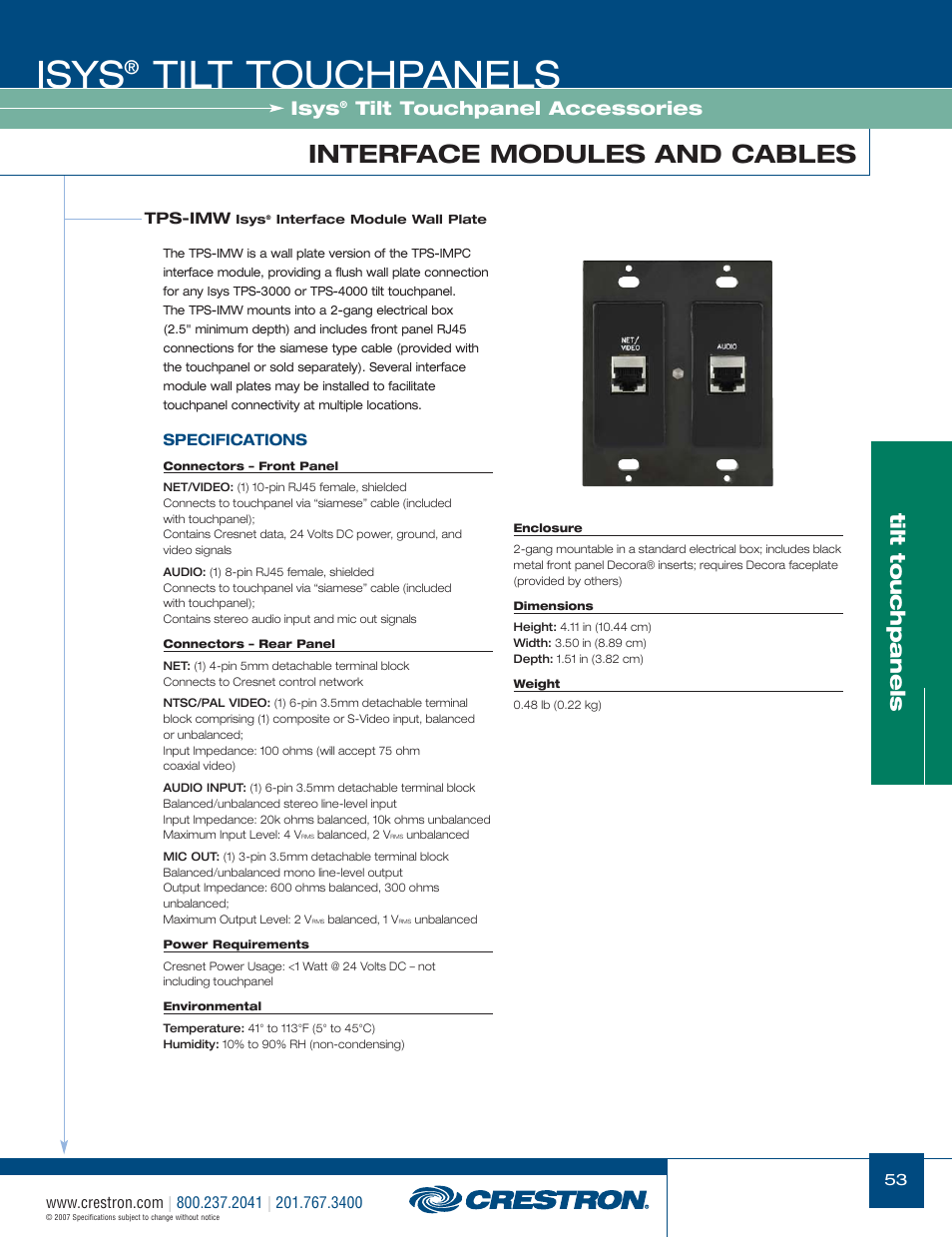 48399_053.pdf, Isys, Tilt touchpanels | Interface modules and cables, Tilt touchpanel accessories | Crestron electronic Isys TPS-17W User Manual | Page 53 / 58