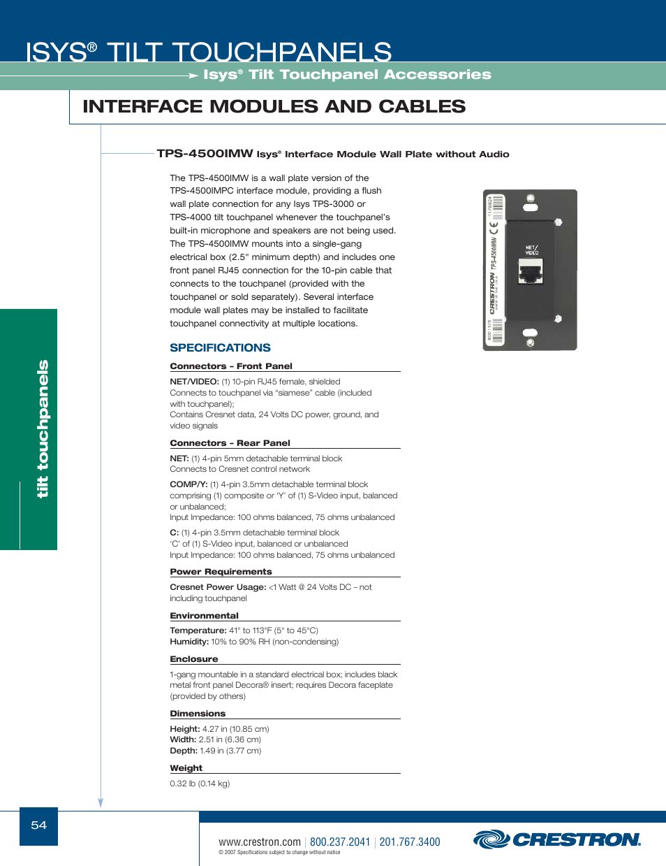 48399_054.pdf, Isys, Tilt touchpanels | Interface modules and cables, Tilt touchpanel accessories | Crestron electronic Isys TPS-17W User Manual | Page 54 / 58