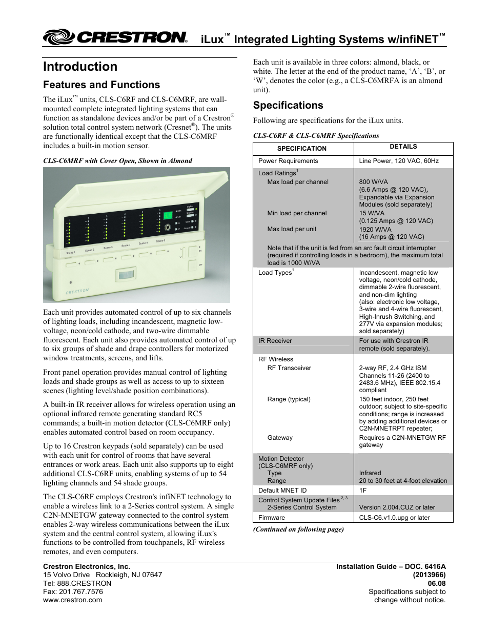 Crestron electronic iLux CLS-C6RF User Manual | 6 pages