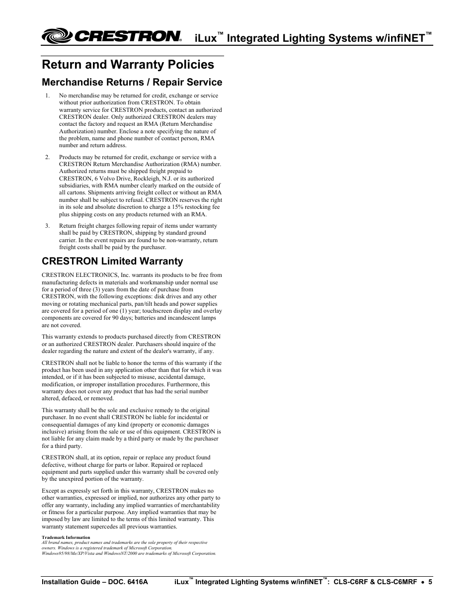 Return and warranty policies, Merchandise returns / repair service, Crestron limited warranty | Ilux, Integrated lighting systems w/infinet | Crestron electronic iLux CLS-C6RF User Manual | Page 5 / 6