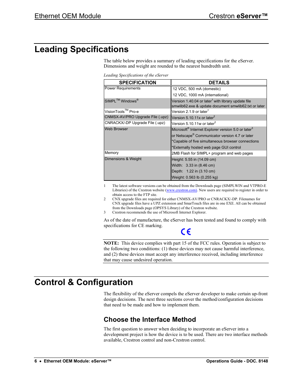 Leading specifications, Control & configuration, Choose the interface method | Ethernet oem module crestron eserver | Crestron electronic Ethernet User Manual | Page 10 / 44