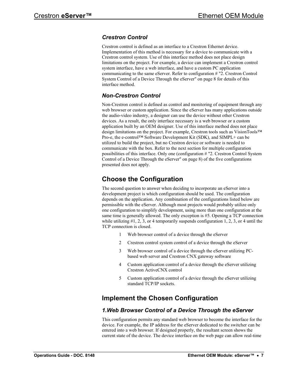 Crestron control, Non-crestron control, Choose the configuration | Implement the chosen configuration, Crestron eserver™ ethernet oem module | Crestron electronic Ethernet User Manual | Page 11 / 44