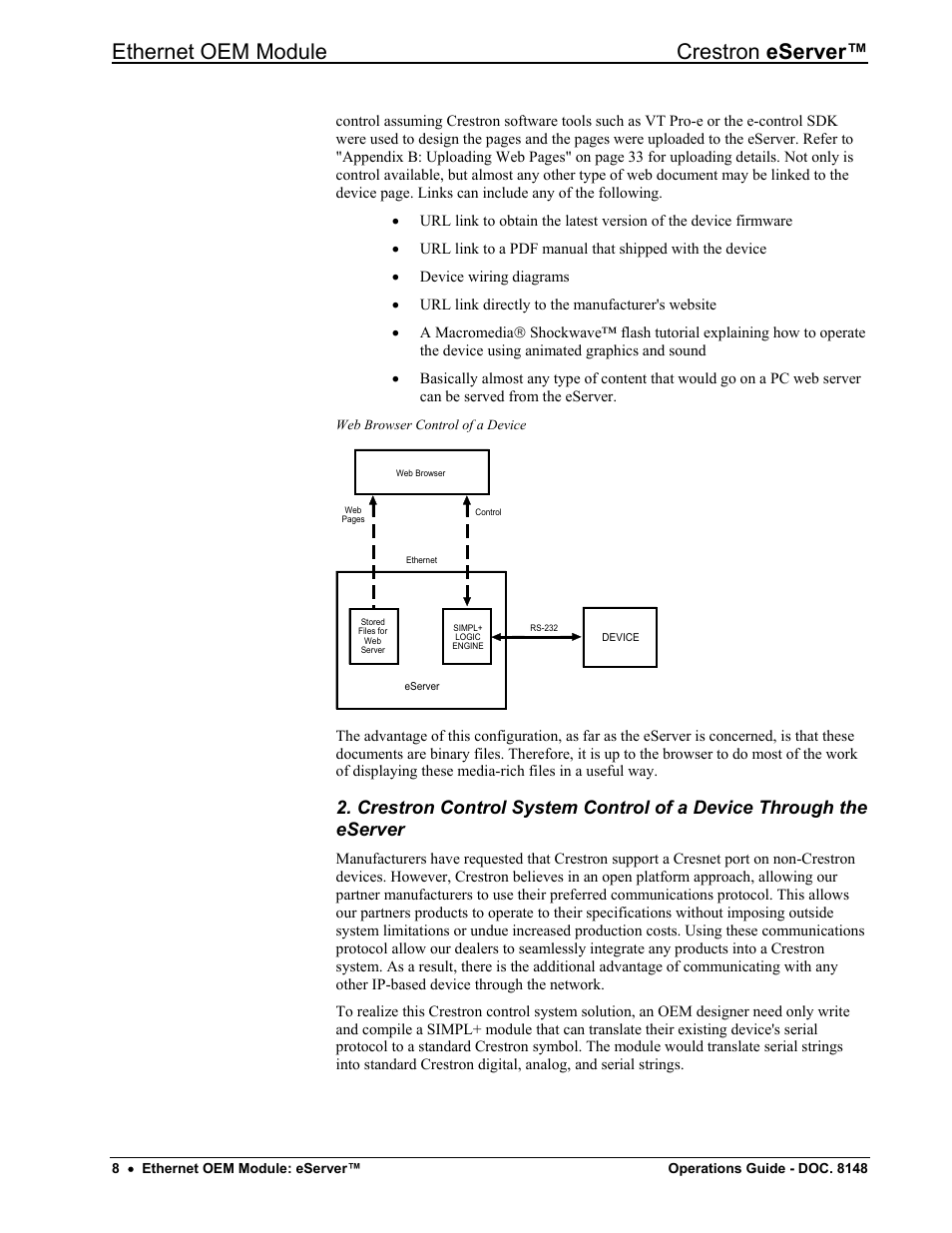 8 fo, Ethernet oem module crestron eserver | Crestron electronic Ethernet User Manual | Page 12 / 44