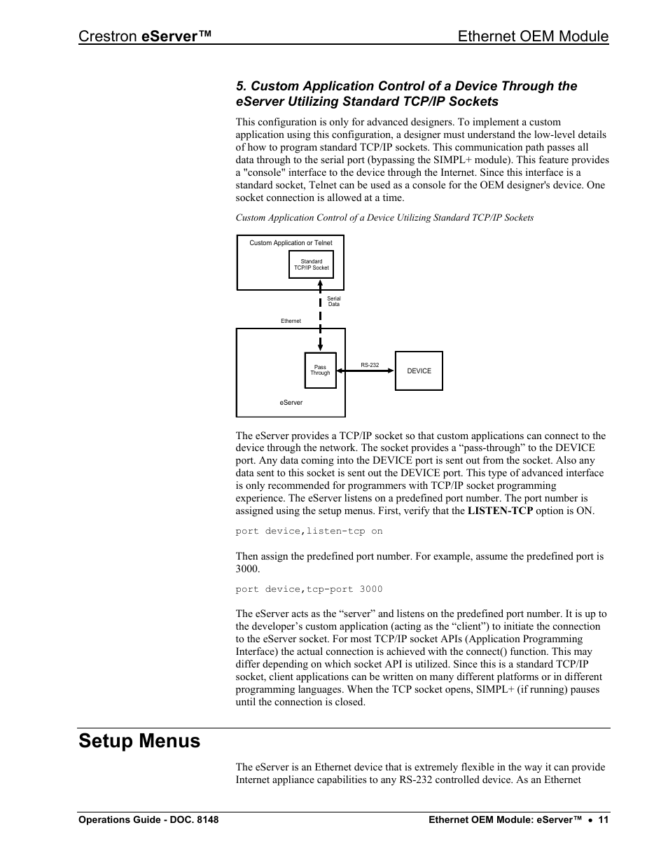 Setup menus, To "setup menus, Crestron eserver™ ethernet oem module | Crestron electronic Ethernet User Manual | Page 15 / 44