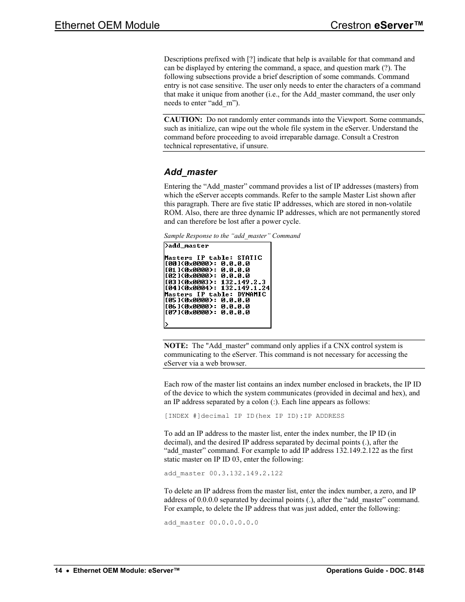 Add_master, Ethernet oem module crestron eserver | Crestron electronic Ethernet User Manual | Page 18 / 44