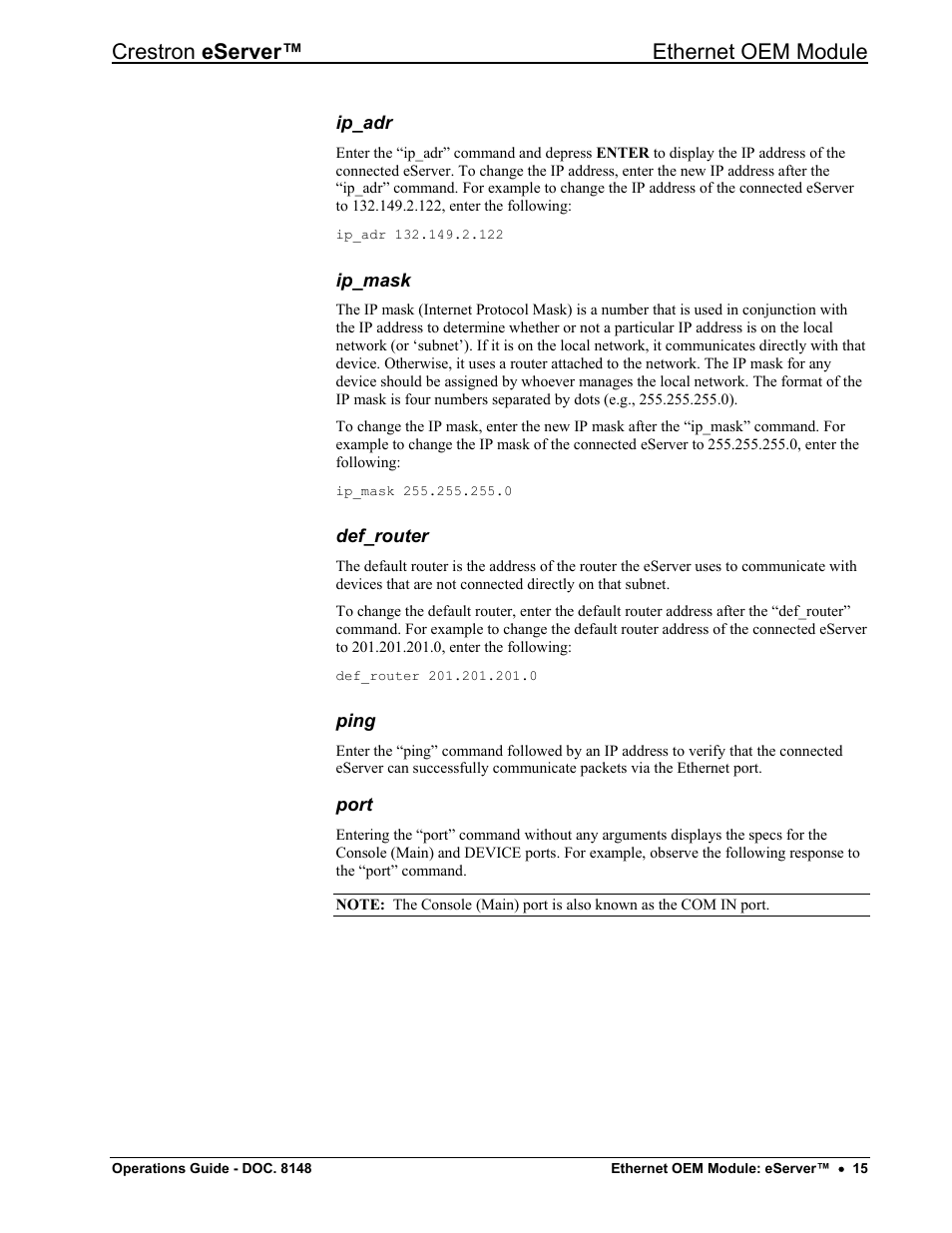 Ip_adr, Ip_mask, Def_router | Ping, Port, Crestron eserver™ ethernet oem module | Crestron electronic Ethernet User Manual | Page 19 / 44