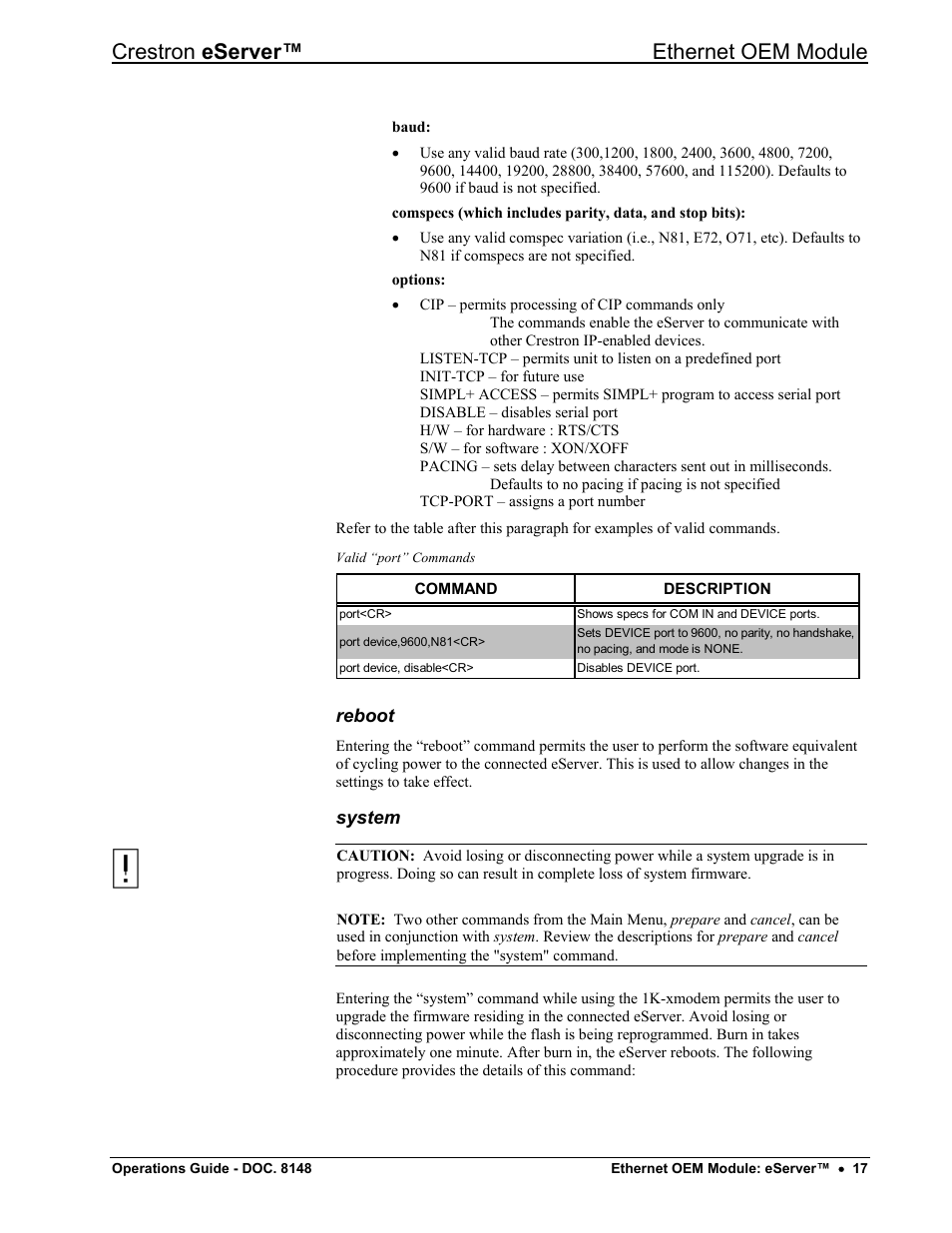 Reboot, System, Crestron eserver™ ethernet oem module | Crestron electronic Ethernet User Manual | Page 21 / 44