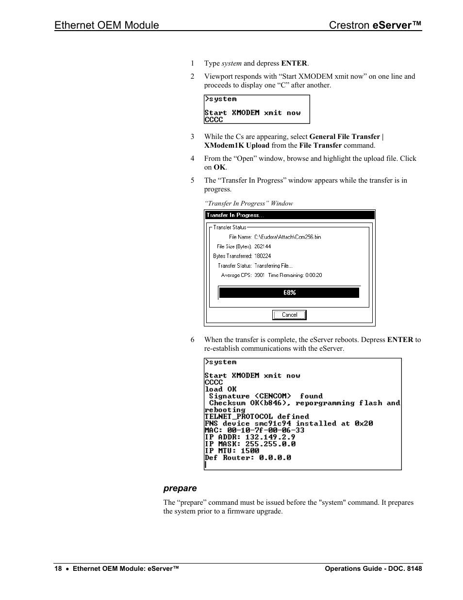 Prepare, Ethernet oem module crestron eserver | Crestron electronic Ethernet User Manual | Page 22 / 44