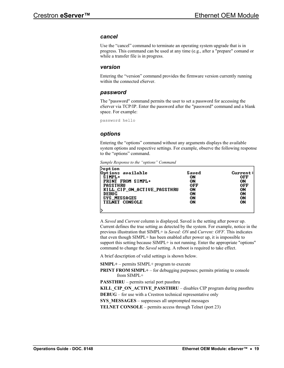 Cancel, Version, Password | Options, Crestron eserver™ ethernet oem module | Crestron electronic Ethernet User Manual | Page 23 / 44