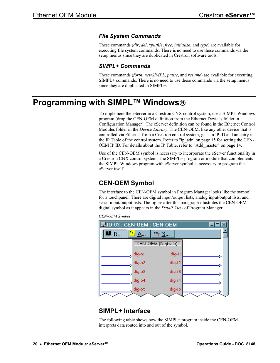 File system commands, Simpl+ commands, Programming with simpl™ windows | Cen-oem symbol, Simpl+ interface, Ge 20 | Crestron electronic Ethernet User Manual | Page 24 / 44