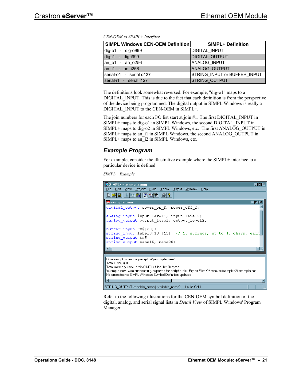 Example program, Crestron eserver™ ethernet oem module | Crestron electronic Ethernet User Manual | Page 25 / 44