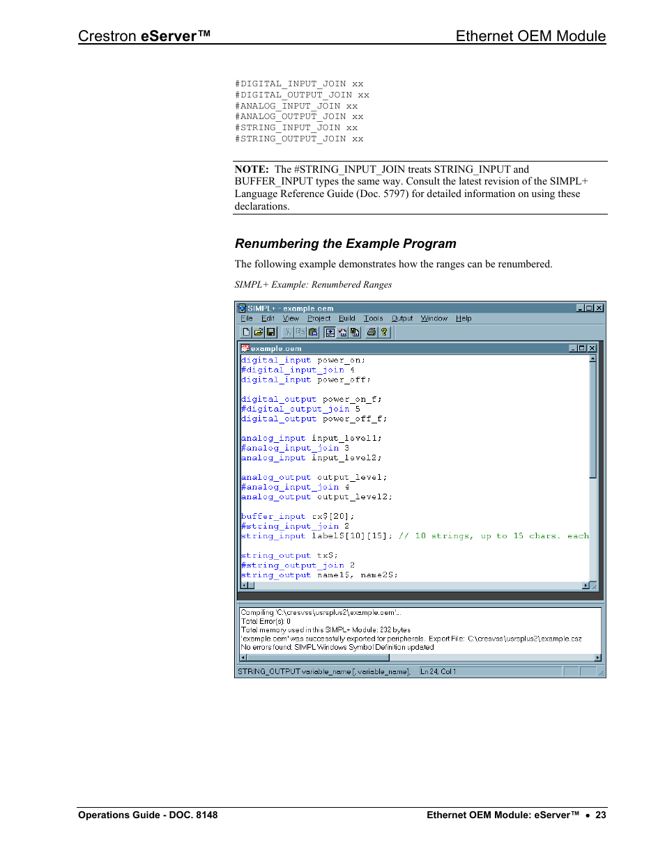 Renumbering the example program, Crestron eserver™ ethernet oem module | Crestron electronic Ethernet User Manual | Page 27 / 44