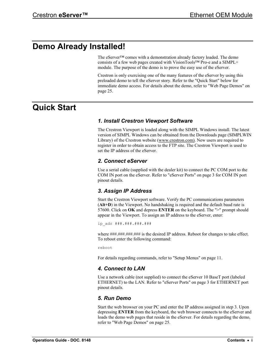 Demo already installed, Quick start, Install crestron viewport software | Connect eserver, Assign ip address, Connect to lan, Run demo, Crestron eserver™ ethernet oem module | Crestron electronic Ethernet User Manual | Page 3 / 44