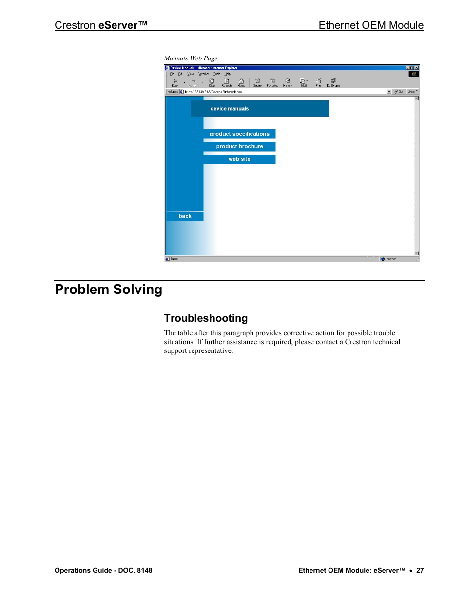 Problem solving, Troubleshooting | Crestron electronic Ethernet User Manual | Page 31 / 44