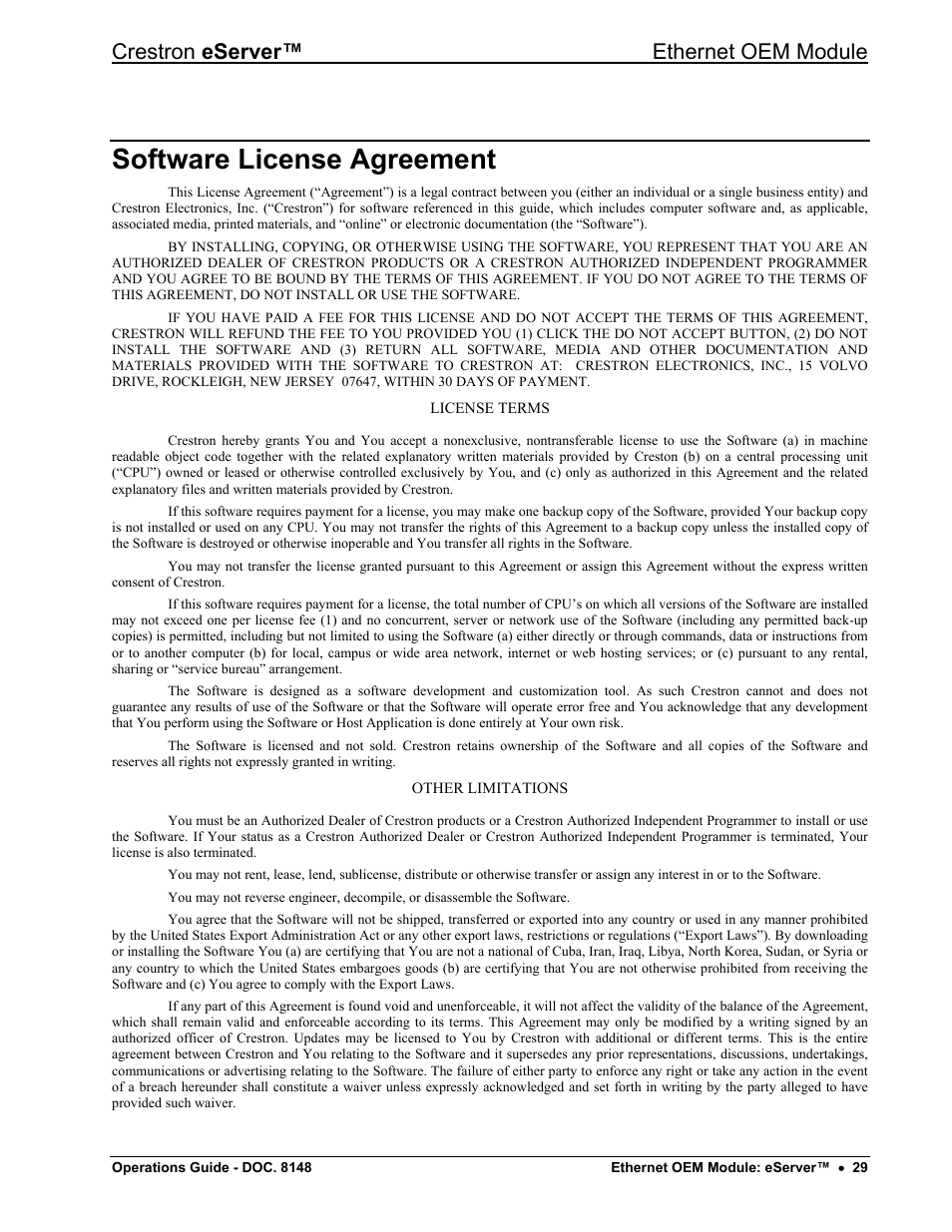 Software license agreement, Crestron eserver™ ethernet oem module | Crestron electronic Ethernet User Manual | Page 33 / 44