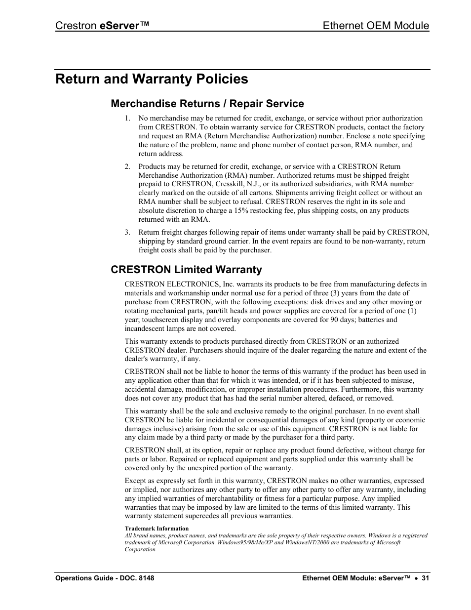 Return and warranty policies, Merchandise returns / repair service, Crestron limited warranty | Crestron eserver™ ethernet oem module | Crestron electronic Ethernet User Manual | Page 35 / 44