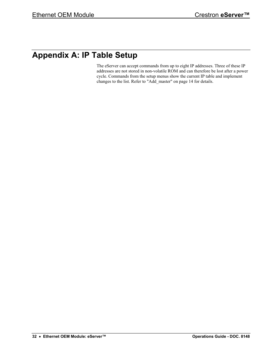 Appendix a: ip table setup, Ethernet oem module crestron eserver | Crestron electronic Ethernet User Manual | Page 36 / 44