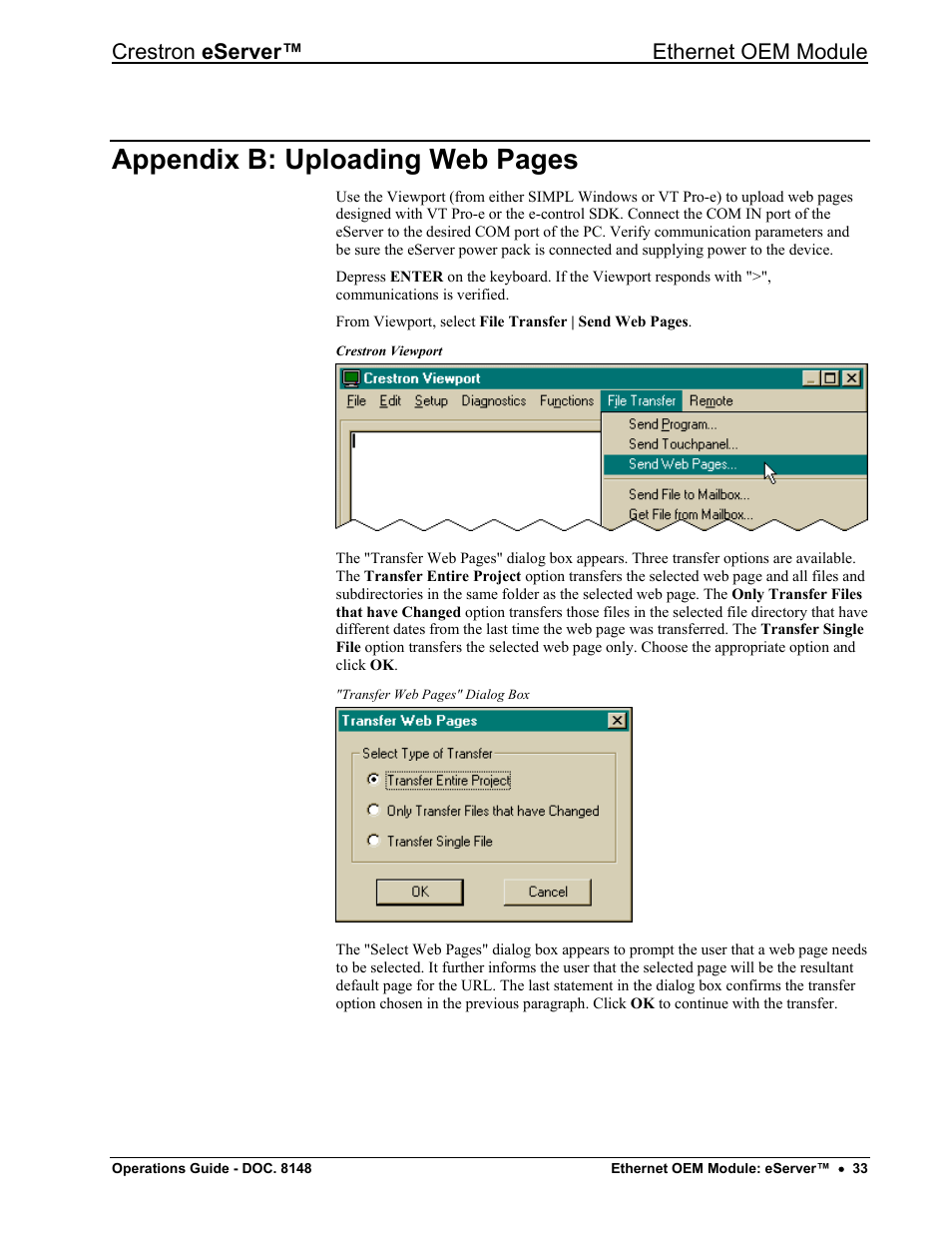 Control available, but almost any othe, Web do, Appendix b: uploading web pages | Crestron eserver™ ethernet oem module | Crestron electronic Ethernet User Manual | Page 37 / 44