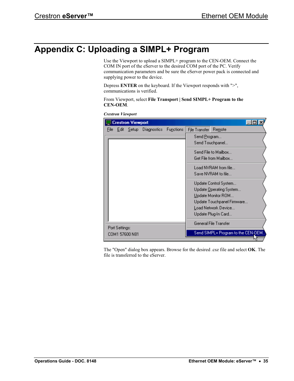 Appendix c: uploading a simpl+ program, Ge 35, Crestron eserver™ ethernet oem module | Crestron electronic Ethernet User Manual | Page 39 / 44