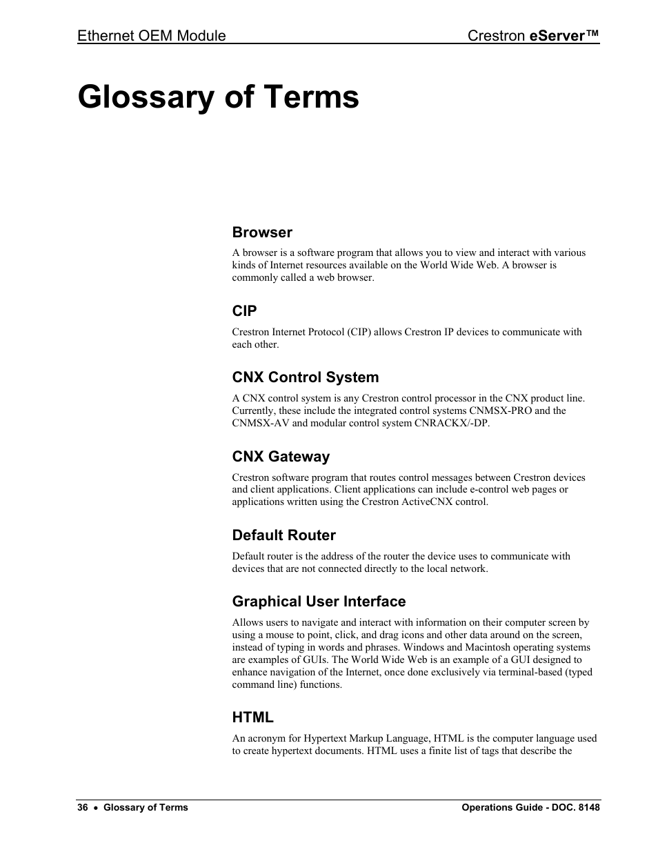 Glossary of terms | Crestron electronic Ethernet User Manual | Page 40 / 44
