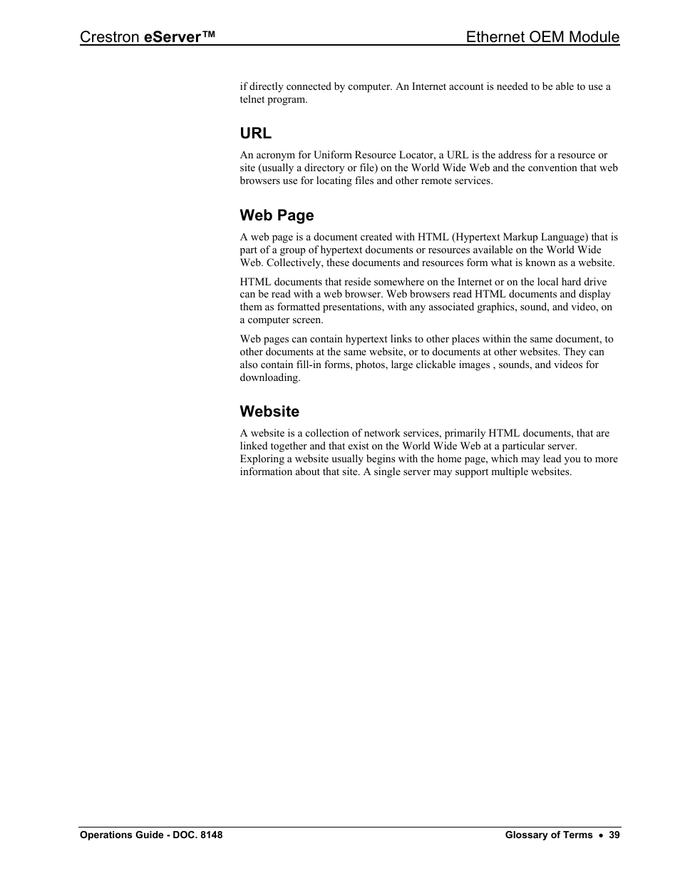Crestron eserver™ ethernet oem module, Web page, Website | Crestron electronic Ethernet User Manual | Page 43 / 44