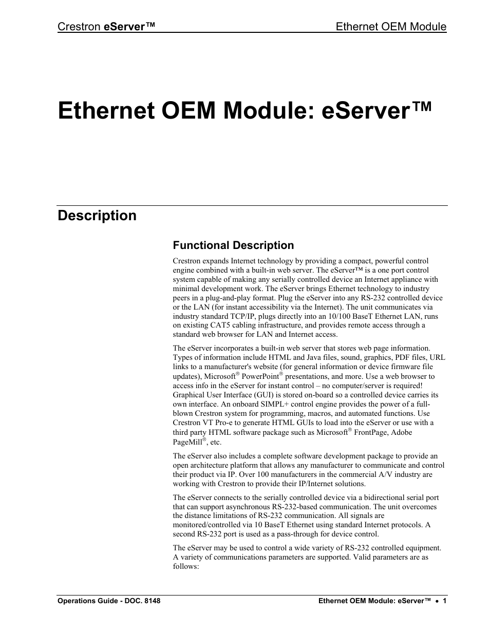 Ethernet oem module: eserver, Description, Functional description | Crestron eserver™ ethernet oem module | Crestron electronic Ethernet User Manual | Page 5 / 44