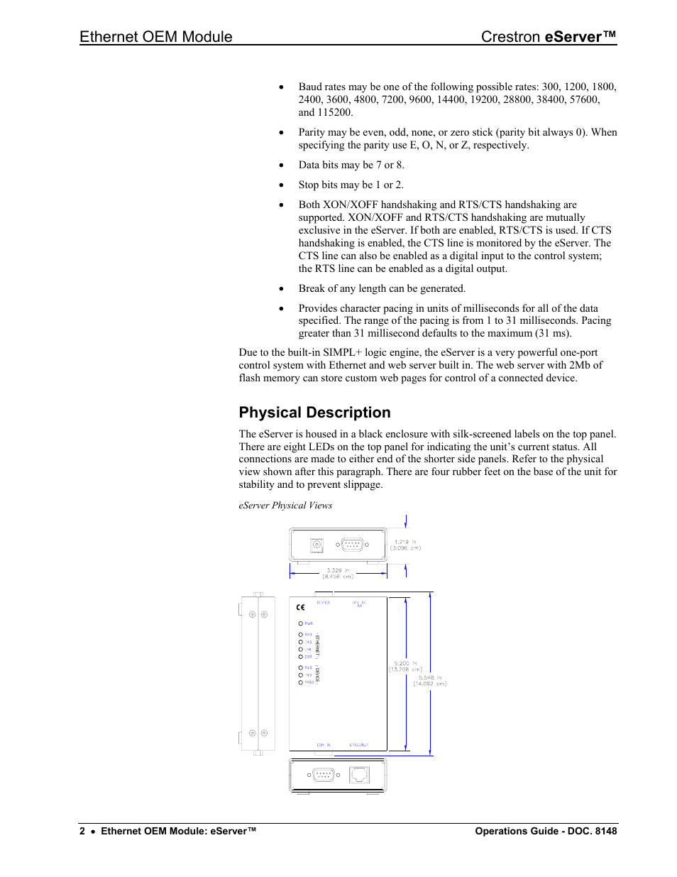 Physical description, Ethernet oem module crestron eserver | Crestron electronic Ethernet User Manual | Page 6 / 44