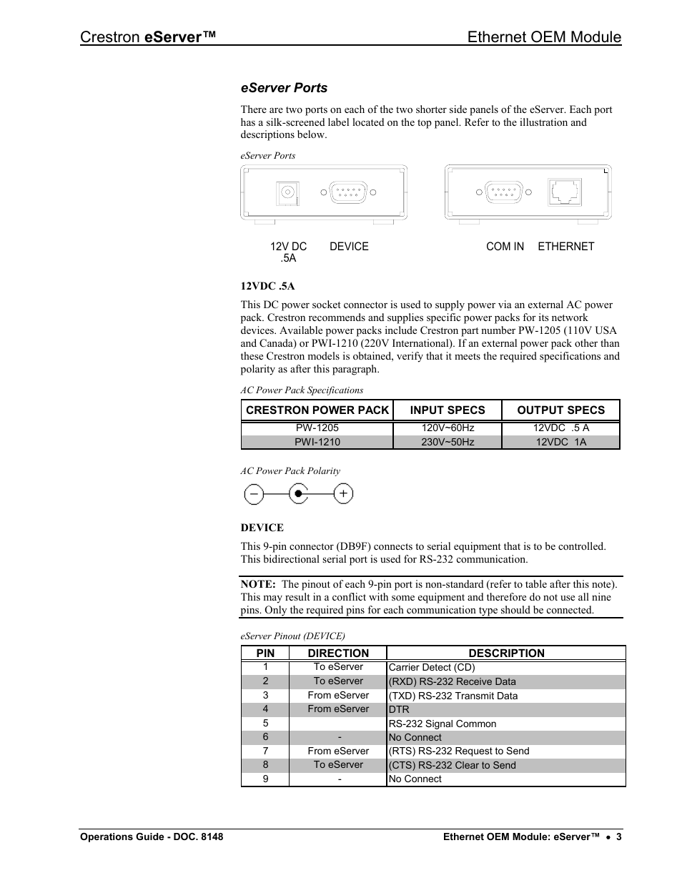 Eserver ports, Crestron eserver™ ethernet oem module | Crestron electronic Ethernet User Manual | Page 7 / 44
