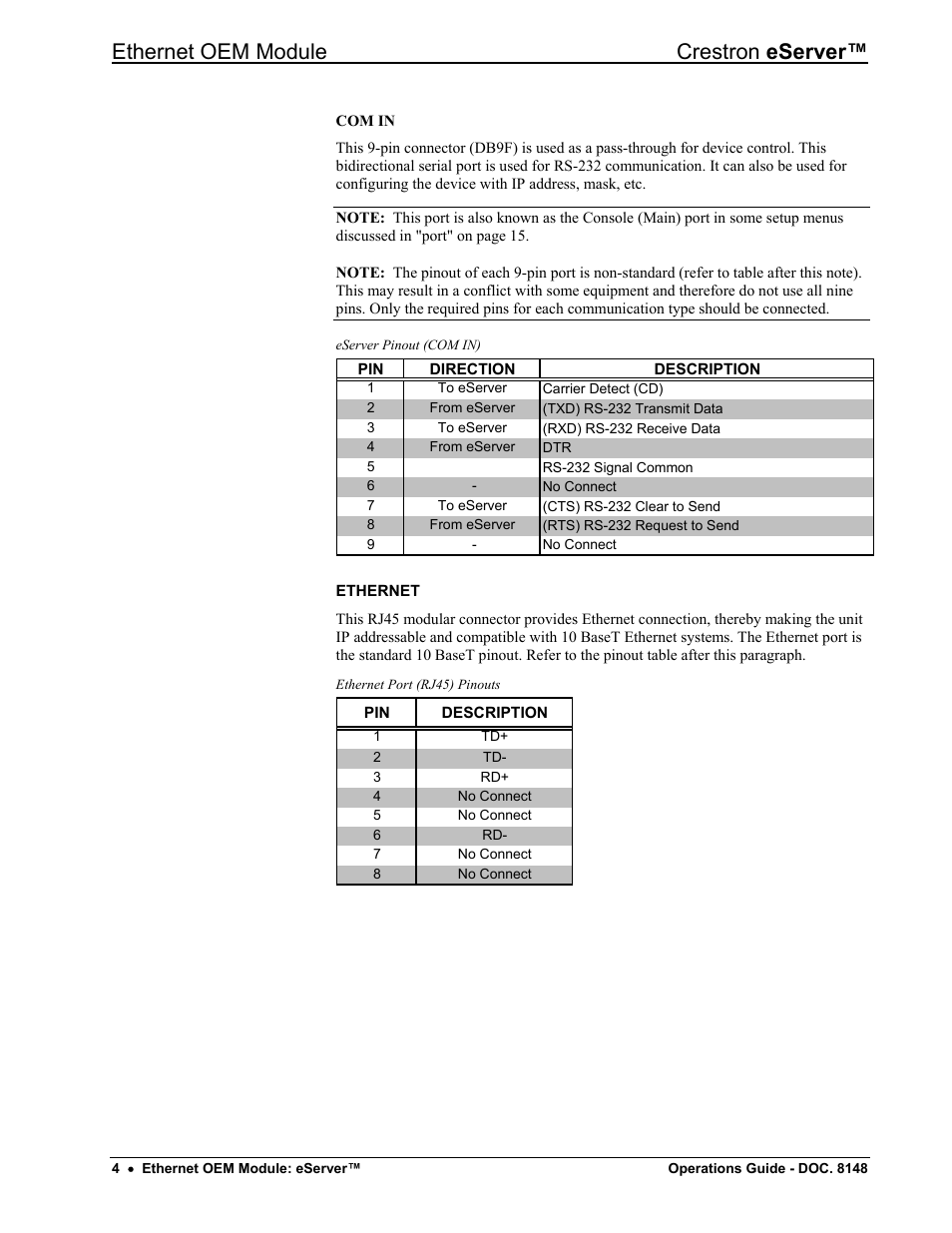 Ethernet oem module crestron eserver | Crestron electronic Ethernet User Manual | Page 8 / 44