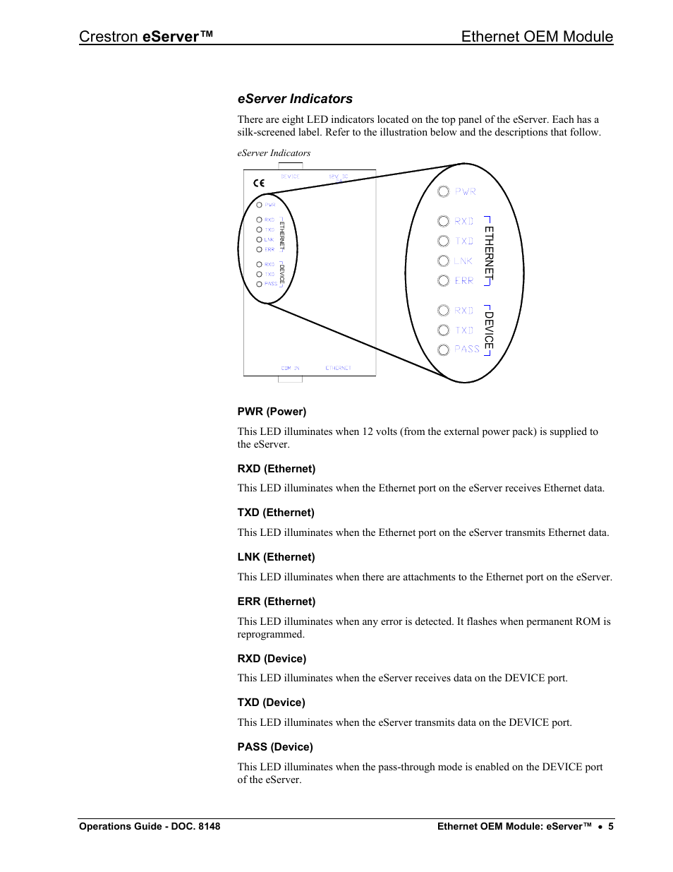 Eserver indicators, Crestron eserver™ ethernet oem module | Crestron electronic Ethernet User Manual | Page 9 / 44