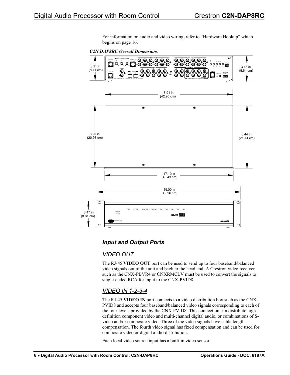 Input and output ports video out, Video in 1-2-3-4 | Crestron electronic C2N-DAP8RC User Manual | Page 12 / 80