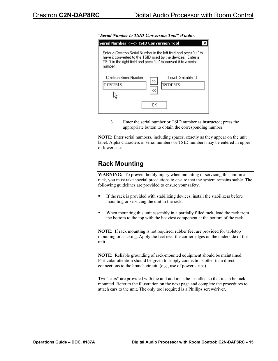 Rack mounting | Crestron electronic C2N-DAP8RC User Manual | Page 19 / 80