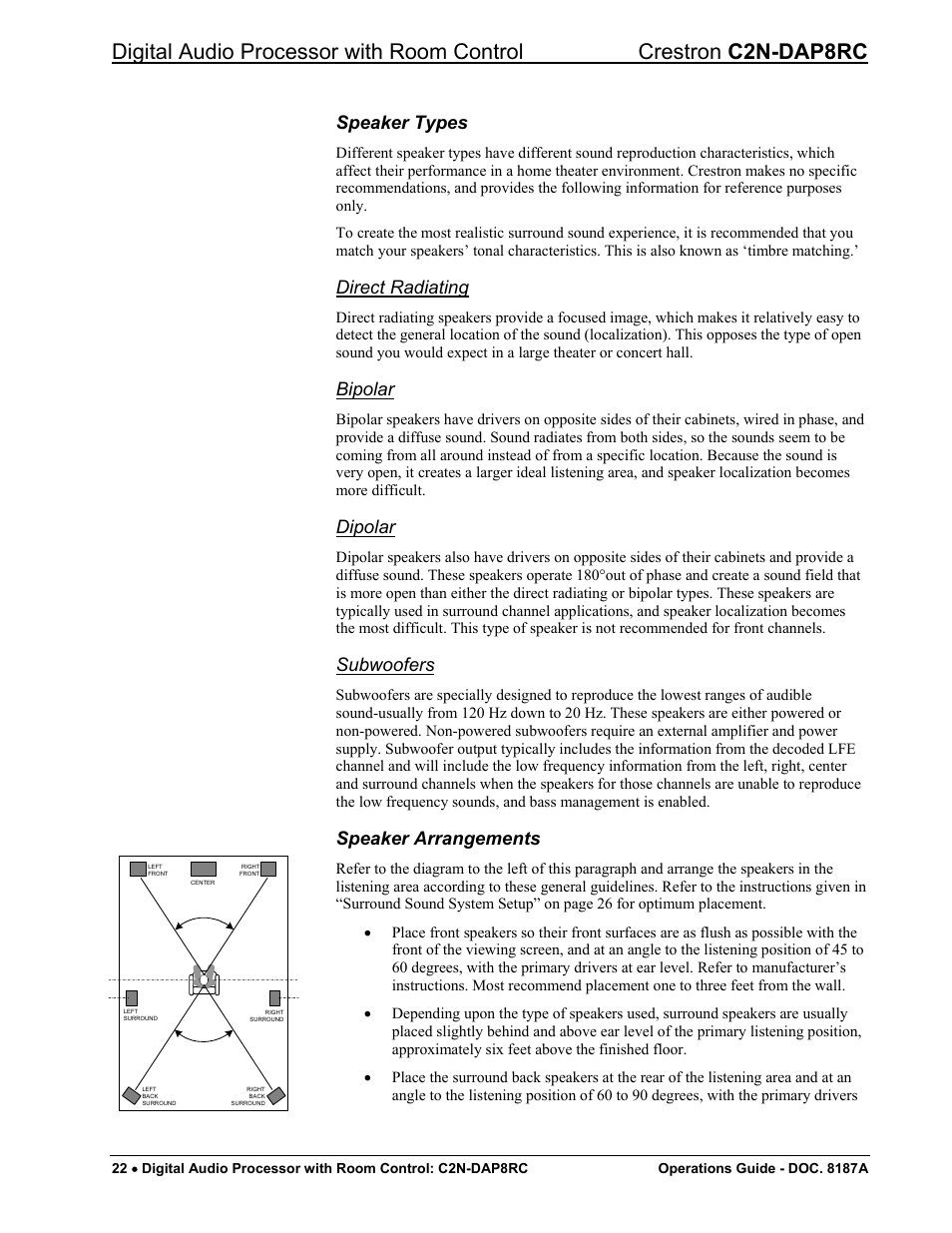 Speaker types, Direct radiating, Bipolar | Dipolar, Subwoofers, Speaker arrangements | Crestron electronic C2N-DAP8RC User Manual | Page 26 / 80