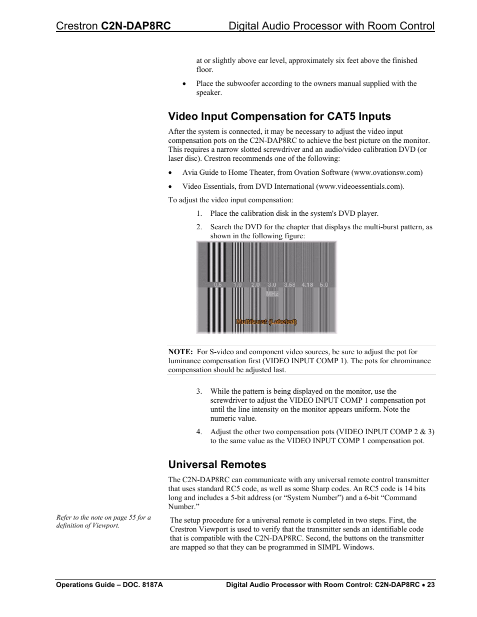 Video input compensation for cat5 inputs, Universal remotes | Crestron electronic C2N-DAP8RC User Manual | Page 27 / 80