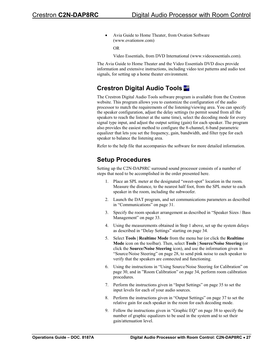 Crestron digital audio tools, Setup procedures | Crestron electronic C2N-DAP8RC User Manual | Page 31 / 80