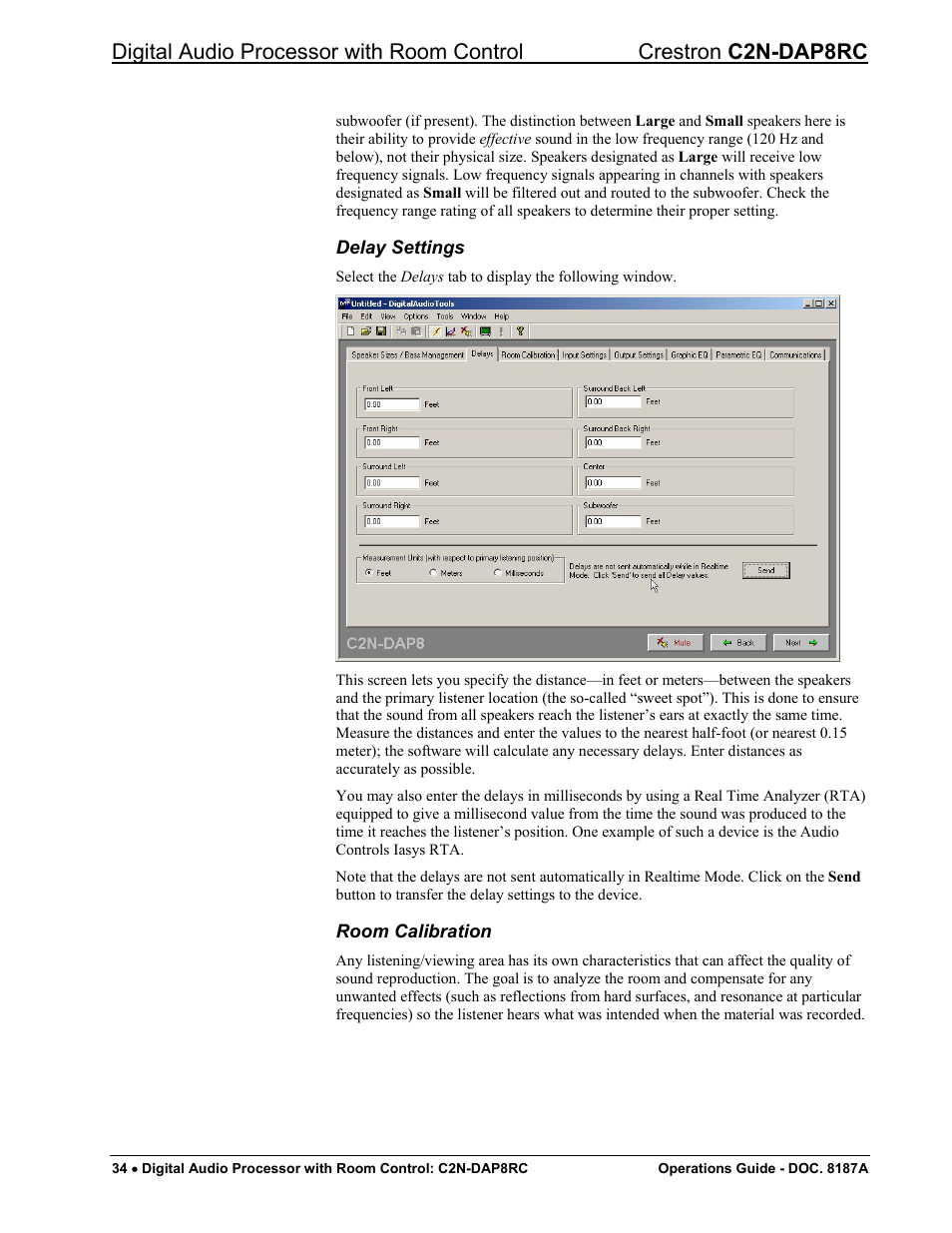Delay settings” startin, Room calibration | Crestron electronic C2N-DAP8RC User Manual | Page 38 / 80