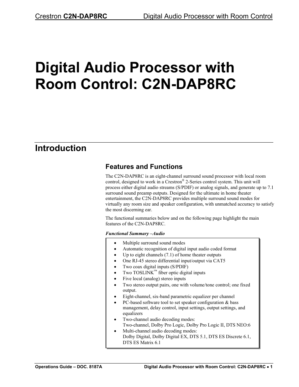 Introduction, Features and functions | Crestron electronic C2N-DAP8RC User Manual | Page 5 / 80