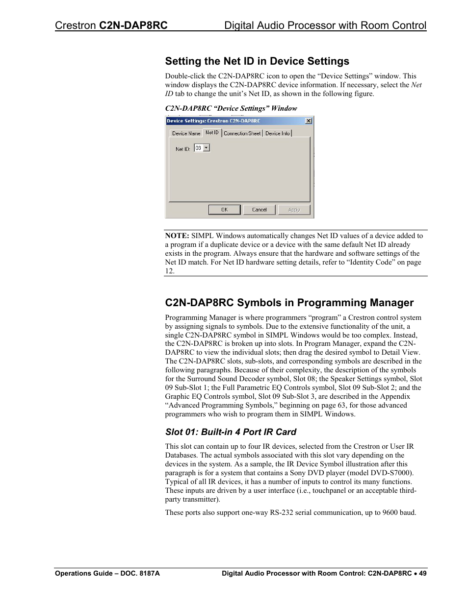 Setting the net id in device settings, C2n-dap8rc symbols in programming manager | Crestron electronic C2N-DAP8RC User Manual | Page 53 / 80