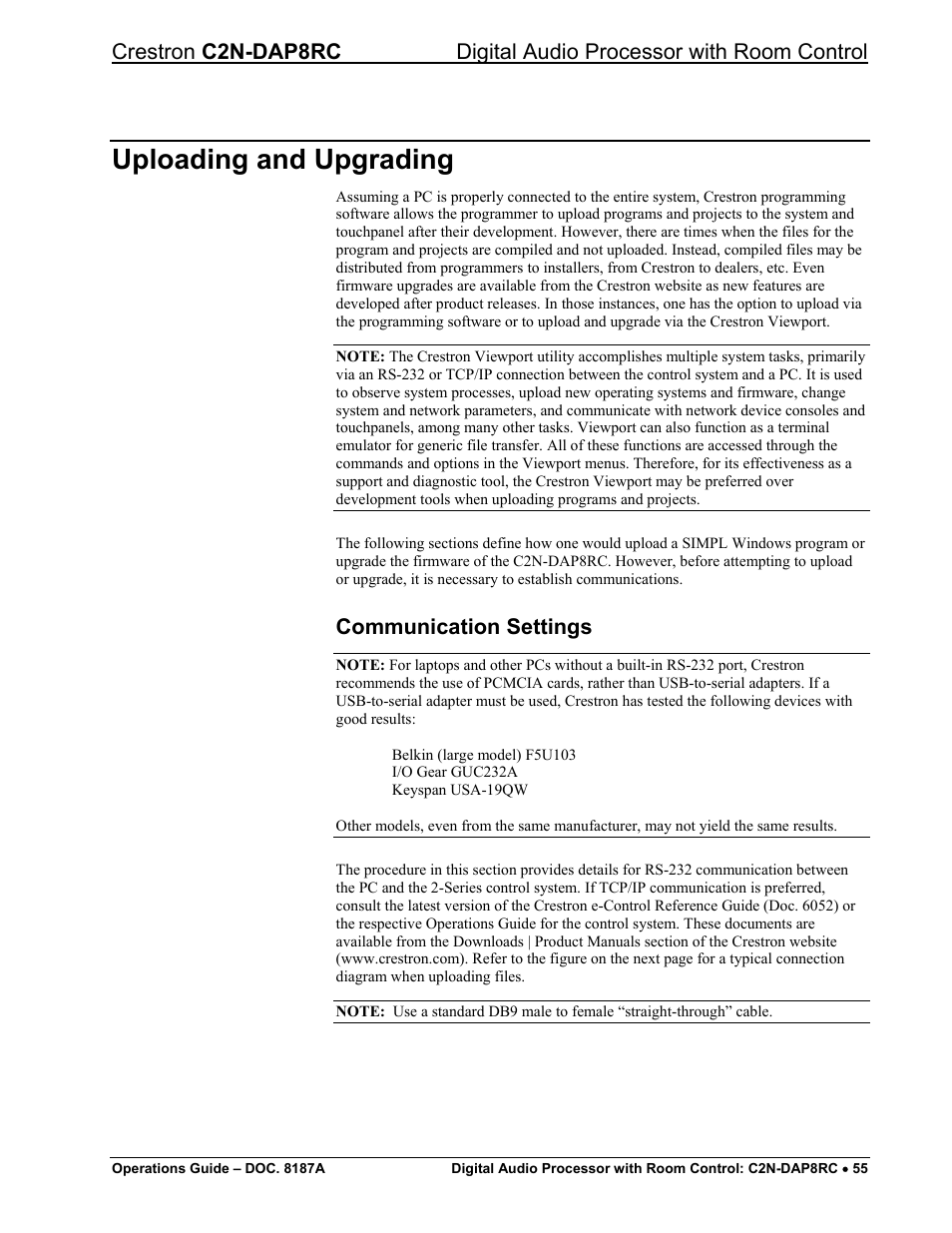 Uploading and upgrading, Communication settings, Communication | Settings” o, Ge 55 | Crestron electronic C2N-DAP8RC User Manual | Page 59 / 80