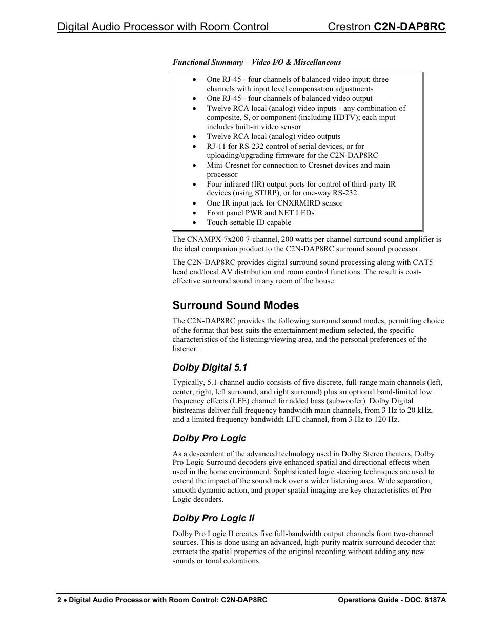 Surround sound modes | Crestron electronic C2N-DAP8RC User Manual | Page 6 / 80