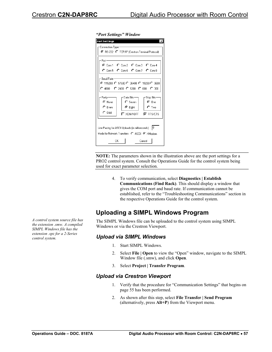 Uploading a simpl windows program, Upload via crestron viewport, 57, t | Crestron electronic C2N-DAP8RC User Manual | Page 61 / 80